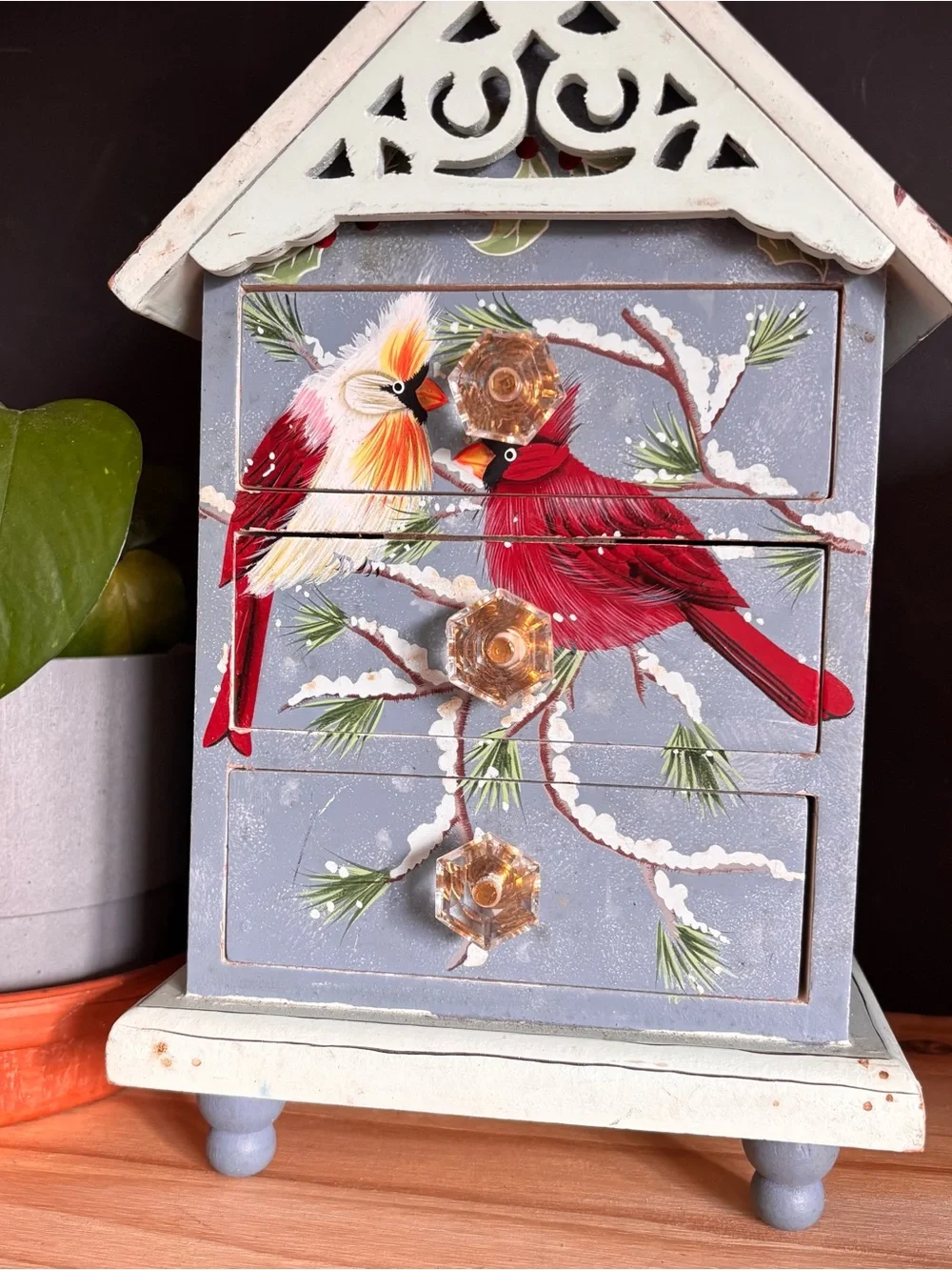 Hand-Painted Wooden Jewelry Box with Red Cardinals- 3 Drawers